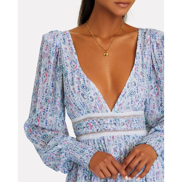 Rococo Sand Floral Lurex Chiffon Mini Dress Blue Multicolor Romantic Petite PP - Picture 2 of 14